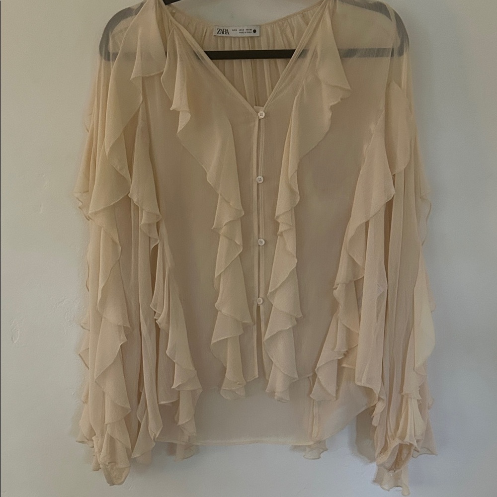 Zara Sheer Ruffle Button-Front Blouse in Cream